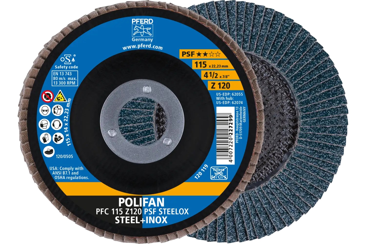 Picture of Pferd Flap Disc, 4-1/2" x 7/8, Z PSF Steelox, 120 Grit, T29, Conical, Zirconia